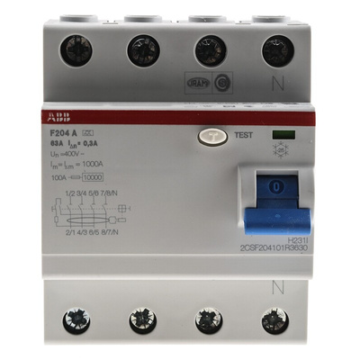 ABB F200 RCCB, 63A, 4 Pole, 300mA, Type A