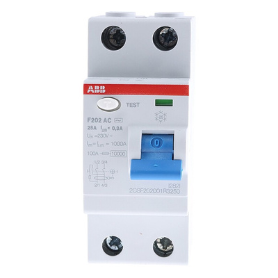 ABB F200 RCCB, 25A, 2 Pole, 300mA, Type AC
