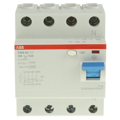 ABB F200 RCCB, 40A, 4 Pole, 300mA, Type AC