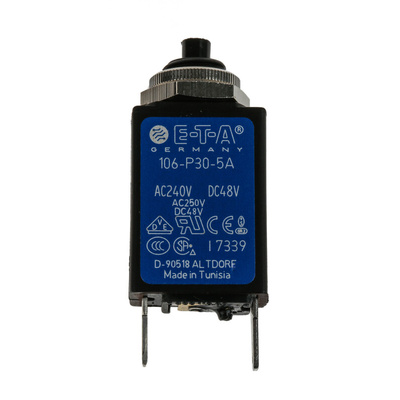 ETA Thermal Circuit Breaker - 106-P30 Single Pole 250V Voltage Rating Panel Mount, 5A Current Rating