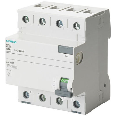 Siemens 5SV4446 RCCB, 63A, 4 Pole, 100mA, Type AC, 400V ac