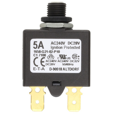 ETA Thermal Circuit Breaker - 1658 Single Pole 250V Voltage Rating Panel Mount, 5A Current Rating