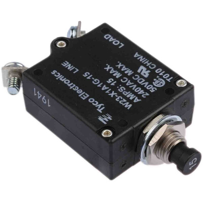 TE Connectivity Thermal Circuit Breaker - W23 Single Pole 50 V dc, 250V ac Voltage Rating, 15A Current Rating