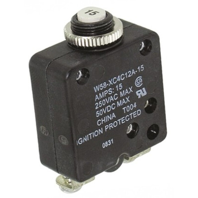 TE Connectivity Thermal Circuit Breaker - W58 Single Pole 50 V dc, 250V ac Voltage Rating, 15A Current Rating