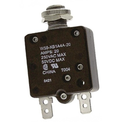 TE Connectivity Thermal Circuit Breaker - W58 Single Pole 50 V dc, 250V ac Voltage Rating, 20A Current Rating
