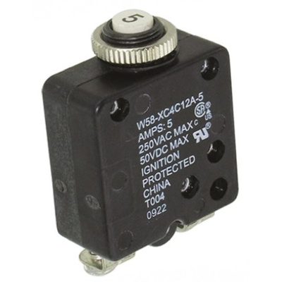 TE Connectivity Thermal Circuit Breaker - W58 Single Pole 50 V dc, 250V ac Voltage Rating, 5A Current Rating