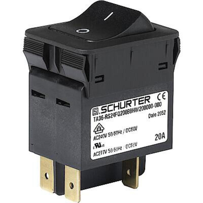 Schurter TA36 Rocker Circuit Breaker - TA36 2 Pole 60 V dc, 277 V ac Voltage Rating, 15A Current Rating
