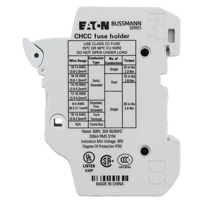 Eaton 30A Rail Mount Fuse Holder for 10 x 38mm Fuse, 3P, 600V ac