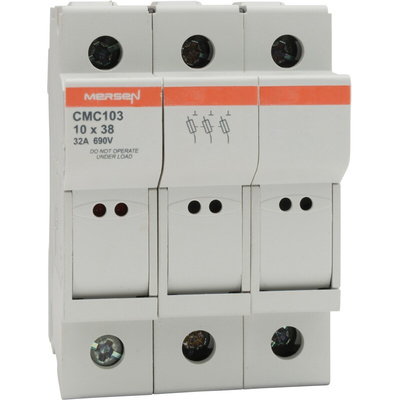 Mersen 32A Rail Mount Fuse Holder for 10 x 38mm Fuse, 3P, 690 V ac → 1kV ac/dc