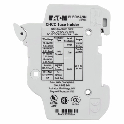 Eaton 30A Rail Mount Fuse Holder for 10 x 38mm Fuse, 1P, 600V ac
