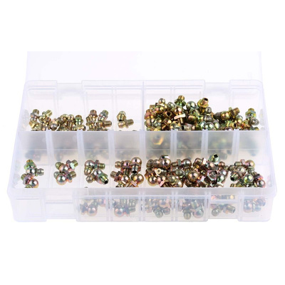 RS PRO Grease Nipple Kit Contains H1 Straight 1/4 in BSF (x50); H2-45 1/4 in BSF (x50); H3-90 1/4 in BSF (x50); Box