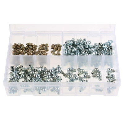 RS PRO Grease Nipple Kit Contains H1 Straight 1/4 in UNF (x50); H2-45 1/4 in UNF (x50); H3-90 1/4 in UNF (x50); Box