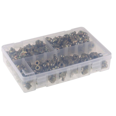 RS PRO Grease Nipple Kit Contains H1 Straight 1/4 in BSP (x50); H2-45 1/4 in BSP (x50); H3-90 1/4 in BSP (x50); Box