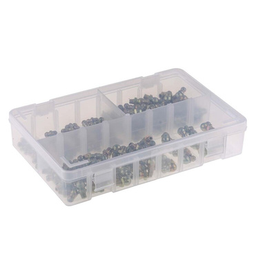 RS PRO Grease Nipple Kit Contains H1 Straight 6x1 mm (x50); H2-45 6x1 mm (x50); H3-90 6x1 mm (x50); Box