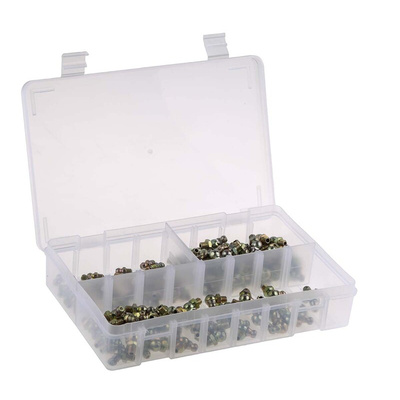 RS PRO Grease Nipple Kit Contains H1 Straight 6x1 mm (x50); H2-45 6x1 mm (x50); H3-90 6x1 mm (x50); Box