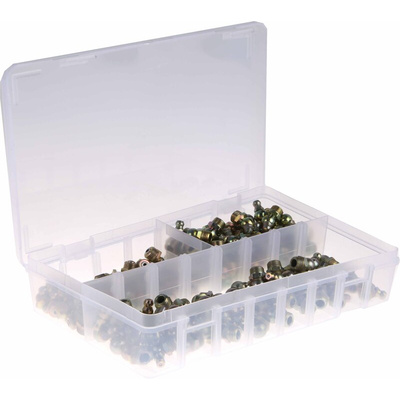 RS PRO Grease Nipple Kit Contains H1 Straight 10x1 mm (x50); H2-45 10x1 mm (x50); H3-90 10x1 mm (x50); Box