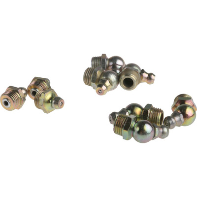 RS PRO Grease Nipple Kit Contains H1 Straight 10x1 mm (x50); H2-45 10x1 mm (x50); H3-90 10x1 mm (x50); Box