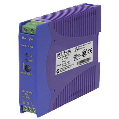Chinfa DRA18 DIN Rail Power Supply with Internal Input Filter 90 → 264V ac Input Voltage, 24V dc Output Voltage,