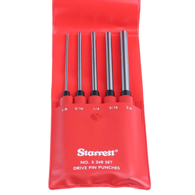 Starrett 5-Piece Punch Set, Pin Punch, 1/8 → 3/8 in Shank