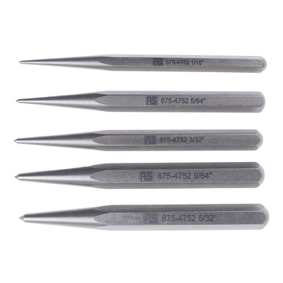 RS PRO 5-Piece Punch Set, Centre Punch, 1/16 → 5/32 in Shank