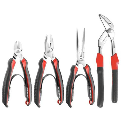 Facom 4-Piece Plier Set, Bent, Flat Tip, 160 mm, 185 mm, 200 mm, 250 mm Overall