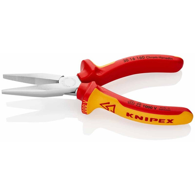 Knipex Flat Nose Pliers, 160 mm Overall, Flat, Straight Tip, VDE/1000V, 47mm Jaw