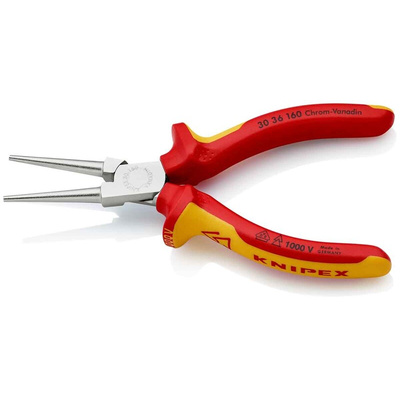 Knipex Round Nose Pliers, 160 mm Overall, Straight Tip, VDE/1000V, 41mm Jaw