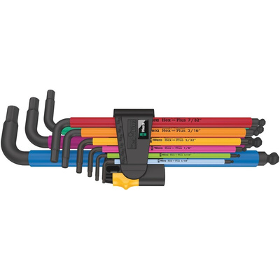 Wera 9 piece L Shape Imperial Hex Key Set, 5/64 → 3/8"