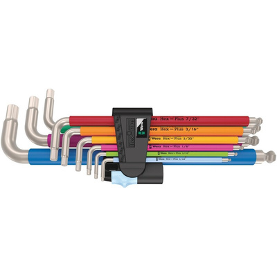 Wera 9 piece L Shape Imperial Hex Key Set, 5/64 → 3/8in