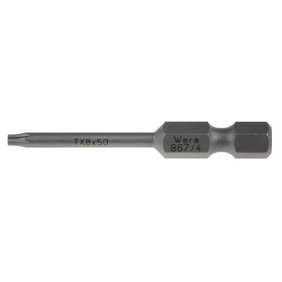 Wera Torx Screwdriver Bit, T8 Tip, 1/4 in Drive, Hexagon Drive, 50 mm Overall