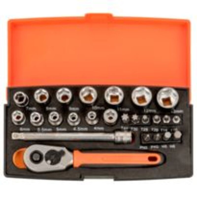 Bahco 25-Piece Metric 1/4 in Standard Socket/Bit Set with Ratchet, 6 point; Hex Bit; Phillips Bit; Torx Bit