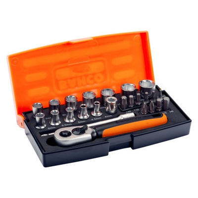 Bahco 25-Piece Metric 1/4 in Standard Socket/Bit Set with Ratchet, 6 point; Hex Bit; Phillips Bit; Torx Bit