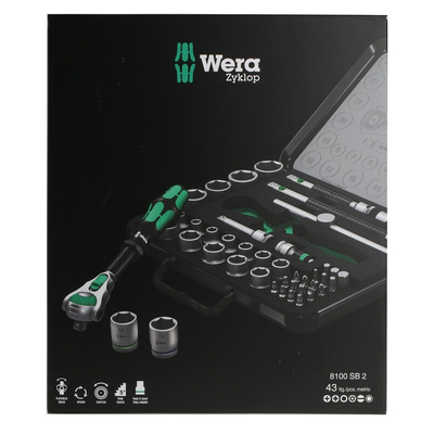 Wera 43-Piece Metric 3/8 in Standard Socket/Bit Set with Ratchet, 6 point; Hex Bit; Phillips Bit; Pozidriv Bit; Slotted