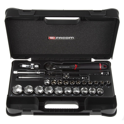 Facom 26-Piece Metric 1/2 in Standard Socket Set with Ratchet, 6 point