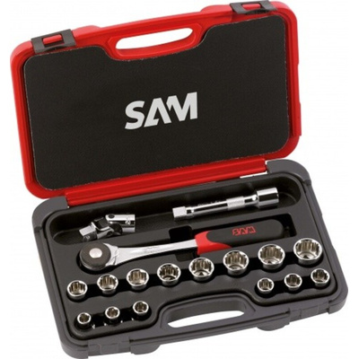 SAM 17-Piece Metric 1/2 in Standard Socket Set with Ratchet, 12 point