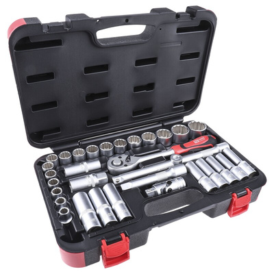 RS PRO 32-Piece Metric 1/2 in Deep Socket/Standard Socket Set with Ratchet, 6 point; 12 point