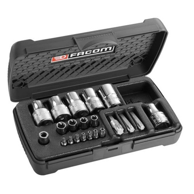 Facom 21-Piece 1/2 in; 1/4 in Standard Socket/Bit Set with Ratchet, e-Torx; Torx Bit