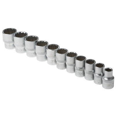RS PRO 12-Piece Metric 3/8 in Standard Socket Set with Ratchet, 12 point
