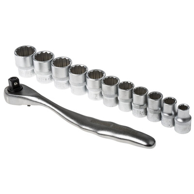 RS PRO 12-Piece Metric 3/8 in Standard Socket Set with Ratchet, 12 point