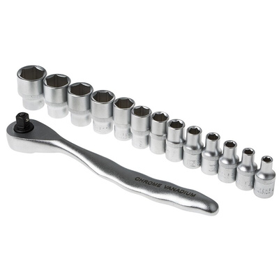 RS PRO 14-Piece Metric 1/4 in Standard Socket Set with Ratchet, 6 point