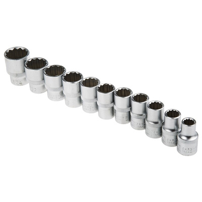 RS PRO 12-Piece Metric 1/2 in Standard Socket Set with Ratchet, 12 point