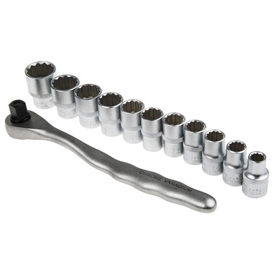 RS PRO 12-Piece Metric 1/2 in Standard Socket Set with Ratchet, 12 point