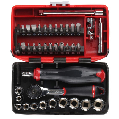 Facom 38-Piece Metric 1/4 in Standard Socket/Bit Set with Ratchet, 6 point; Hex Bit; Phillips Bit; Pozidriv Bit;