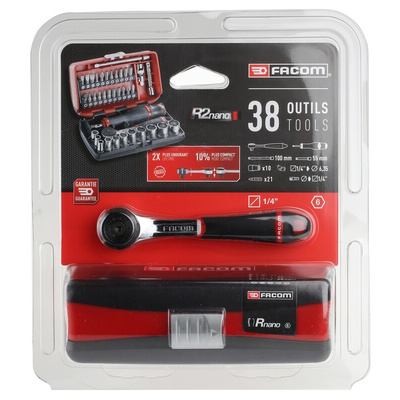 Facom 38-Piece Metric 1/4 in Standard Socket/Bit Set with Ratchet, 6 point; Hex Bit; Phillips Bit; Pozidriv Bit;