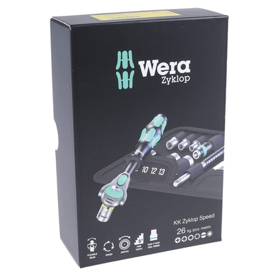 Wera 26-Piece Metric 1/4 in Standard Socket/Bit Set with Ratchet, 6 point; Hex Bit; Phillips Bit; Pozidriv Bit; Slotted