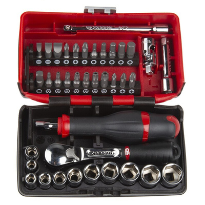 Facom 38-Piece Metric 1/4 in Standard Socket/Bit Set with Ratchet, 6 point; Hex Bit; Phillips Bit; Pozidriv Bit;