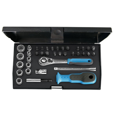 Gedore 37-Piece Metric 1/4 in Standard Socket/Bit Set with Ratchet, 12 point; Hex Bit; Phillips Bit; Pozidriv Bit;