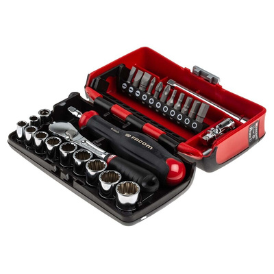 Facom 25-Piece Metric 1/4 in Standard Socket/Bit Set with Ratchet, 12 point; Hex Bit; Pozidriv Bit; Slotted Bit