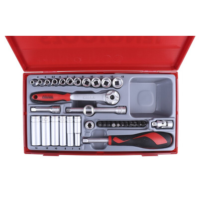 Teng Tools 35-Piece Metric 1/4 in Deep Socket/Standard Socket/Bit Set with Ratchet, 6 point; Hex Bit; Phillips Bit;