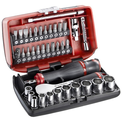 Facom 38-Piece Metric 1/4 in Standard Socket/Bit Set with Ratchet, 6 point; Hex Bit; Phillips Bit; Pozidriv Bit;